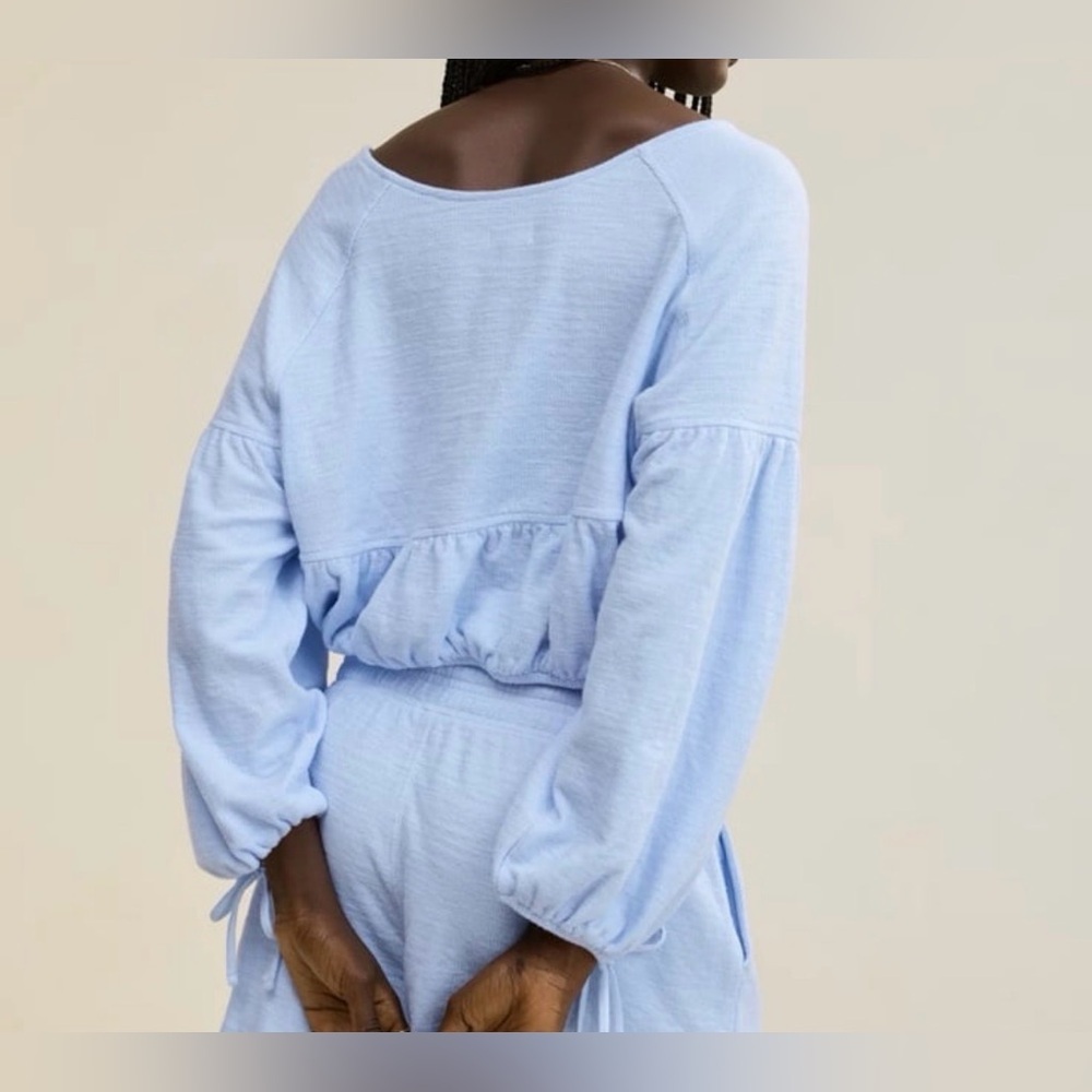 aerie Light Blue Off-Shoulder Cropped Sweatshirt - Picture 3 of 8